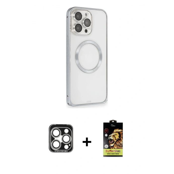 MARSİLYAN™- iPhone 15 Pro Max Kılıf Ahenk Işık Serisi - Siyah Buffer Cam Ekran Koruyucu + PVD Metal Kamera Lens - GS