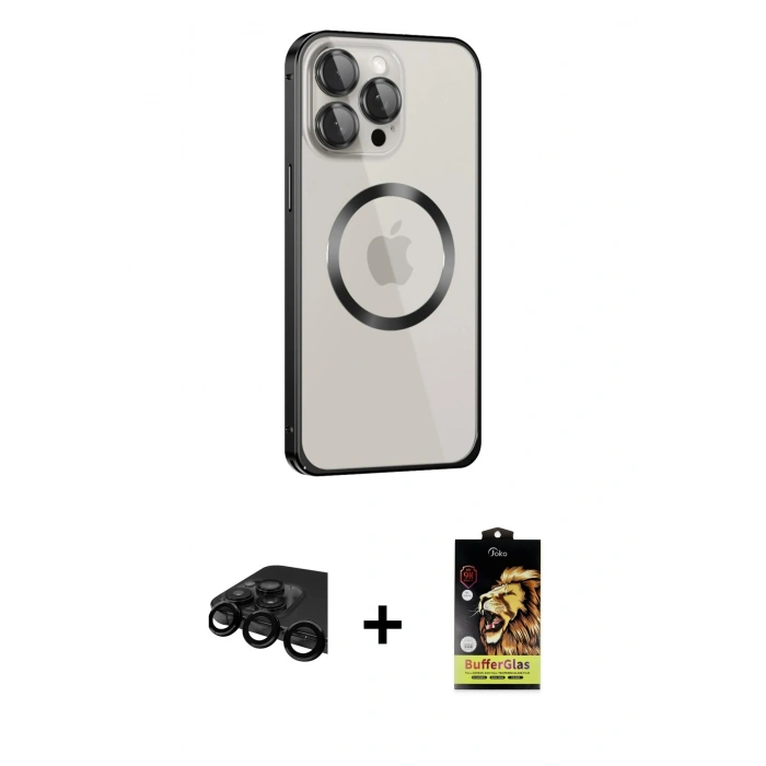 MARSİLYAN™- iPhone 15 Pro Max Kılıf Ahenk Işık Serisi - Siyah Buffer Cam Ekran Koruyucu + Raze Metal Kamera Lens - SH