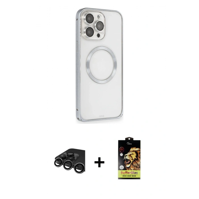 MARSİLYAN™- iPhone 15 Pro Max Kılıf Ahenk Işık Serisi - Siyah Buffer Cam Ekran Koruyucu + Titanyum Gri Raze Metal Kamera Lens