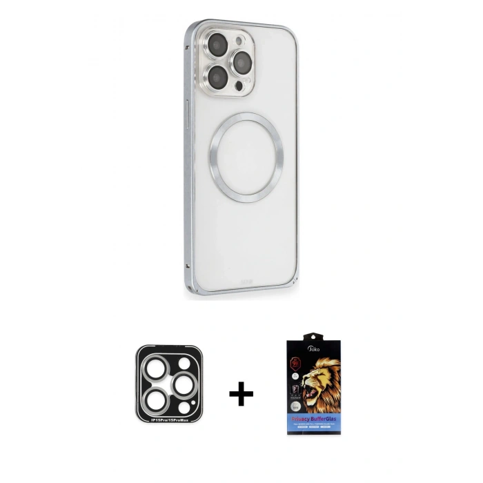 MARSİLYAN™- iPhone 15 Pro Max Kılıf Ahenk Işık Serisi - Siyah Buffer Hayalet Cam Ekran Koruyucu + Gümüş PVD Metal Kamera Lens