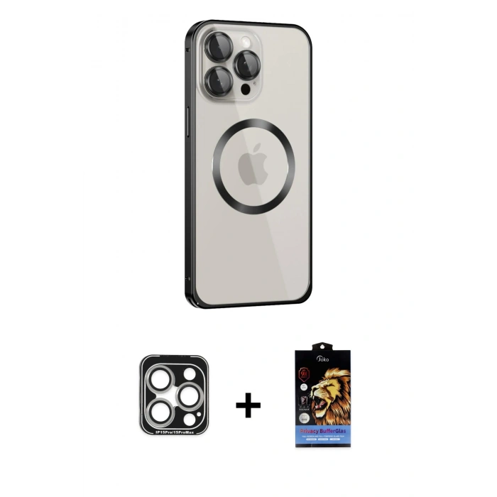 MARSİLYAN™- iPhone 15 Pro Max Kılıf Ahenk Işık Serisi - Siyah Buffer Hayalet Cam Ekran Koruyucu + Gümüş PVD Metal Kamera Lens