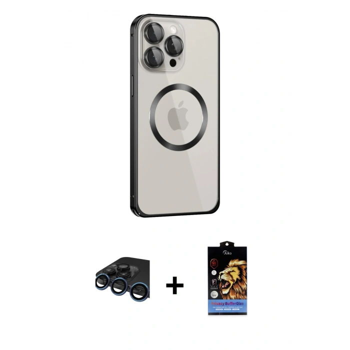MARSİLYAN™- iPhone 15 Pro Max Kılıf Ahenk Işık Serisi - Siyah Buffer Hayalet Cam Ekran Koruyucu + Raze Metal Kamera Lens - LT