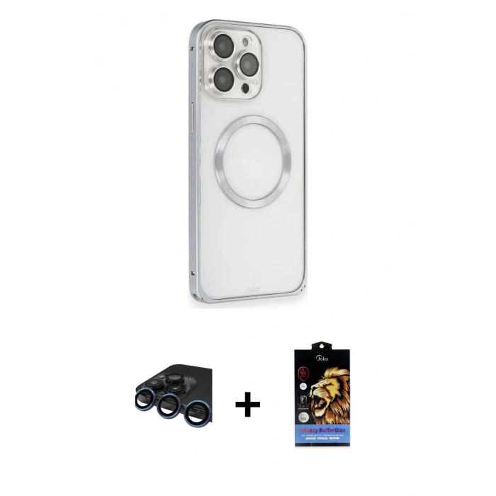MARSİLYAN™- iPhone 15 Pro Max Kılıf Ahenk Işık Serisi - Siyah Buffer Hayalet Cam Ekran Koruyucu + Raze Metal Kamera Lens - LT