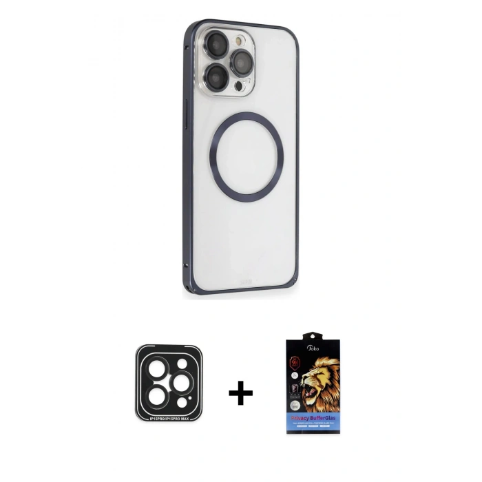 MARSİLYAN™- iPhone 15 Pro Max Kılıf Ahenk Işık Serisi - Siyah Buffer Hayalet Cam Ekran Koruyucu + PVD Metal Kamera Lens - SH