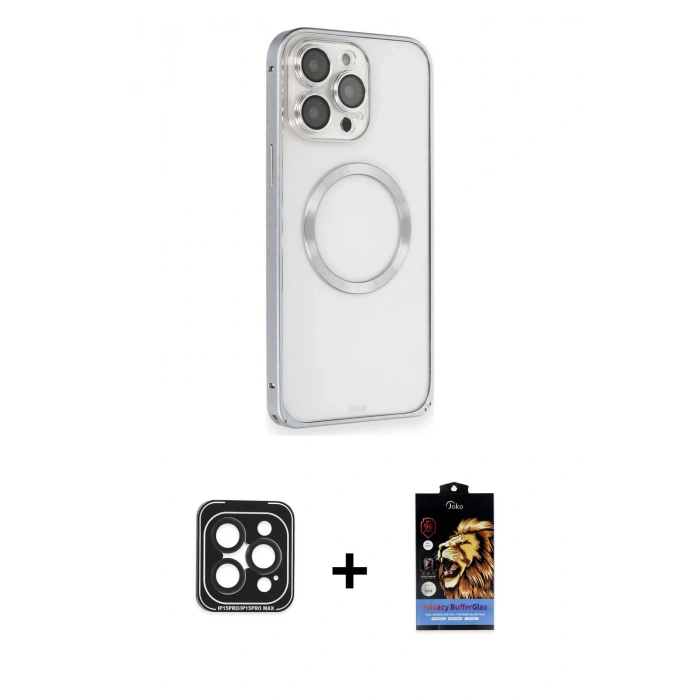 MARSİLYAN™- iPhone 15 Pro Max Kılıf Ahenk Işık Serisi - Siyah Buffer Hayalet Cam Ekran Koruyucu + PVD Metal Kamera Lens - SH