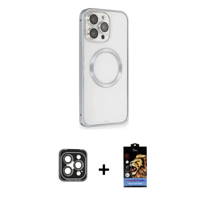 MARSİLYAN™- iPhone 15 Pro Max Kılıf Ahenk Işık Serisi - Siyah Buffer Hayalet Cam Ekran Koruyucu + PVD Metal Kamera Lens - GI