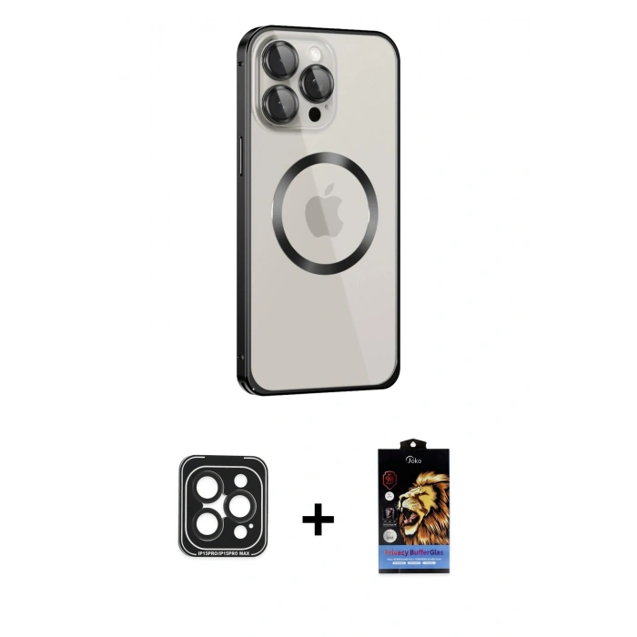 MARSİLYAN™- iPhone 15 Pro Max Kılıf Ahenk Işık Serisi - Siyah Buffer Hayalet Cam Ekran Koruyucu + PVD Metal Kamera Lens - SH