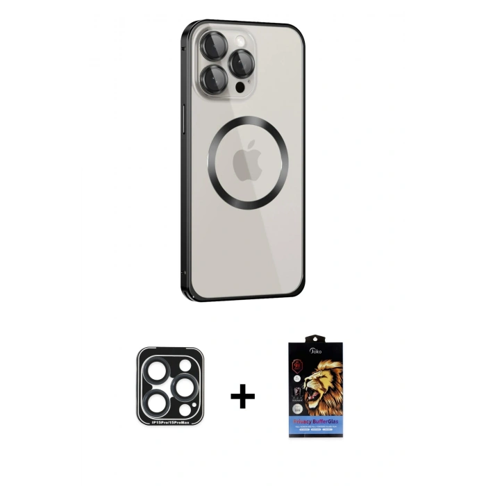 MARSİLYAN™- iPhone 15 Pro Max Kılıf Ahenk Işık Serisi - Siyah Buffer Hayalet Cam Ekran Koruyucu + PVD Metal Kamera Lens - LT