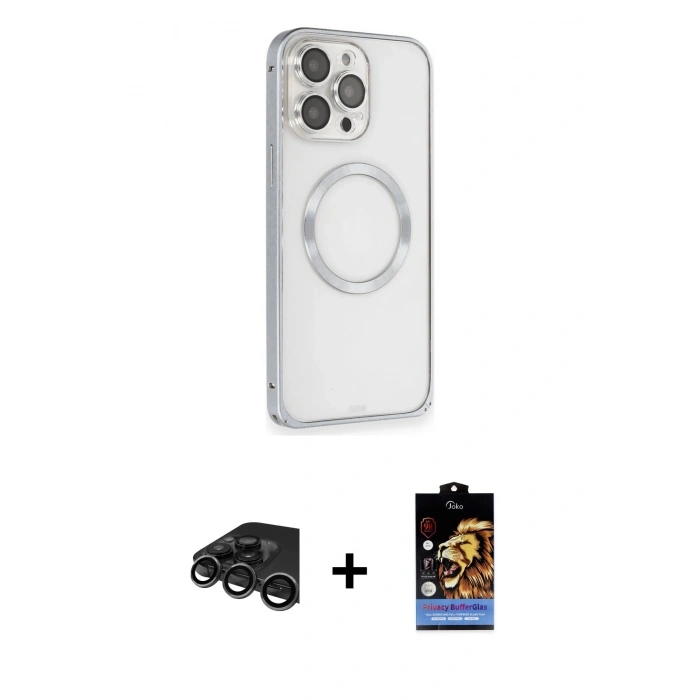 MARSİLYAN™- iPhone 15 Pro Max Kılıf Ahenk Işık Serisi - Siyah Buffer Hayalet Cam Ekran Koruyucu + Raze Metal Kamera Lens - TMGI
