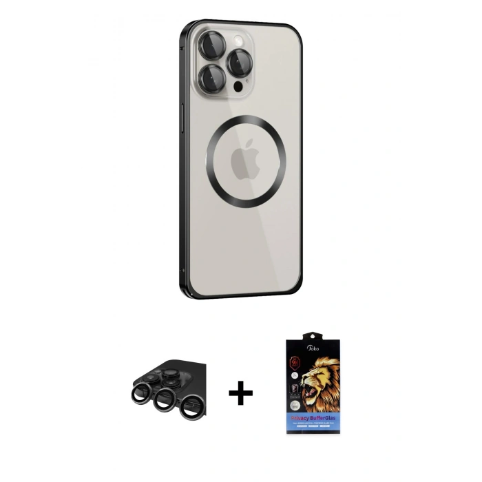MARSİLYAN™- iPhone 15 Pro Max Kılıf Ahenk Işık Serisi - Siyah Buffer Hayalet Cam Ekran Koruyucu + Raze Metal Kamera Lens - TMGI