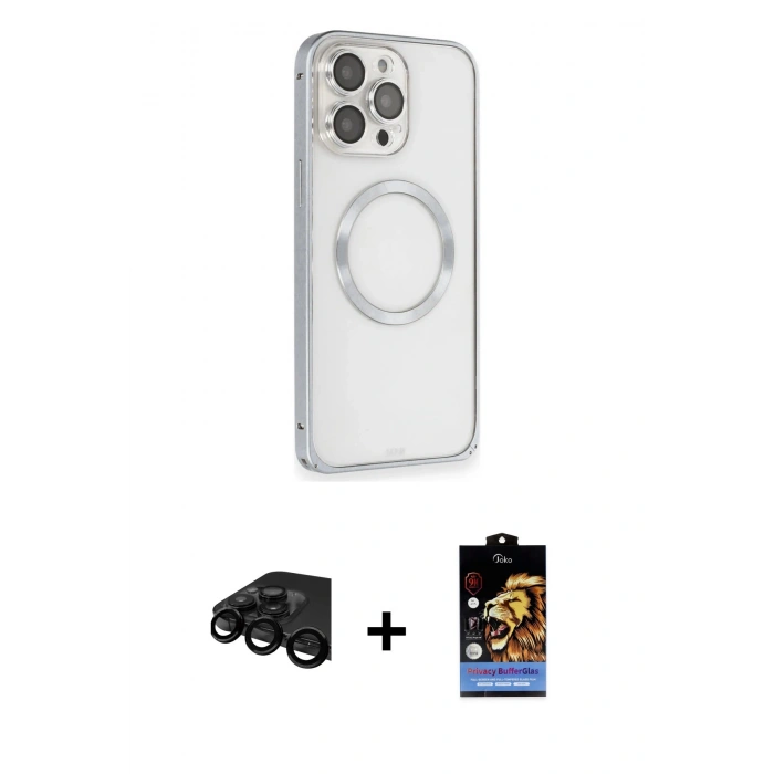 MARSİLYAN™- iPhone 15 Pro Max Kılıf Ahenk Işık Serisi - Siyah Buffer Hayalet Cam Ekran Koruyucu + Raze Metal Kamera Lens - SH