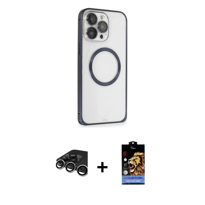 MARSİLYAN™- iPhone 15 Pro Max Kılıf Ahenk Işık Serisi - Siyah Buffer Hayalet Cam Ekran Koruyucu + Raze Metal Kamera Lens - GS