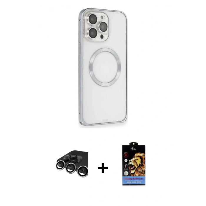 MARSİLYAN™- iPhone 15 Pro Max Kılıf Ahenk Işık Serisi - Siyah Buffer Hayalet Cam Ekran Koruyucu + Raze Metal Kamera Lens - GS