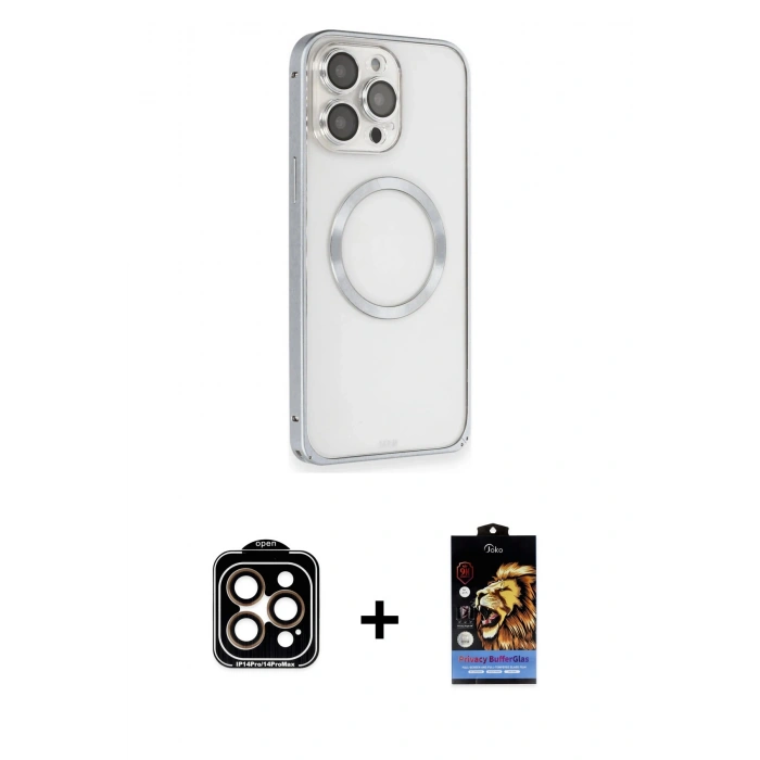 MARSİLYAN™- iPhone 15 Pro Max Kılıf Ahenk Işık Serisi - Siyah Buffer Hayalet Cam Ekran Koruyucu + PVD Metal Kamera Lens - TU