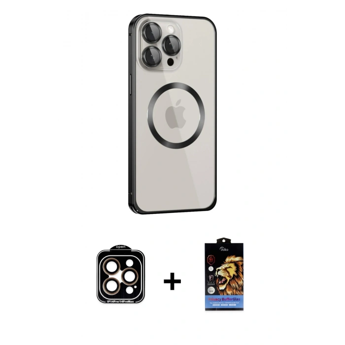 MARSİLYAN™- iPhone 15 Pro Max Kılıf Ahenk Işık Serisi - Siyah Buffer Hayalet Cam Ekran Koruyucu + PVD Metal Kamera Lens - TU