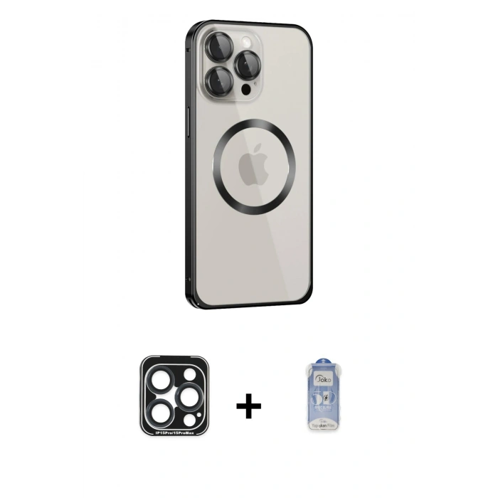 MARSİLYAN™- iPhone 15 Pro Max Kılıf Ahenk Işık Serisi - Siyah Joko Magic 5D Cam + PVD Metal Kamera Lens - LT