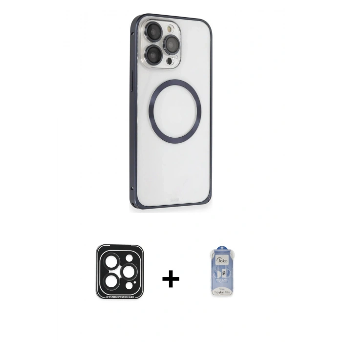 MARSİLYAN™- iPhone 15 Pro Max Kılıf Ahenk Işık Serisi - Siyah Joko Magic 5D Cam + PVD Metal Kamera Lens - SH