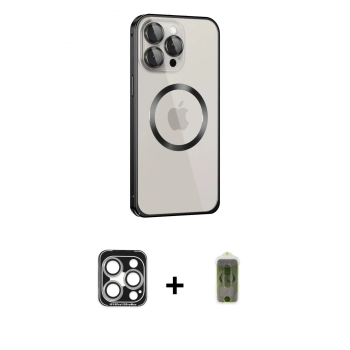 MARSİLYAN™- iPhone 15 Pro Max Kılıf Ahenk Işık Serisi - Siyah Joko Magic 5D Hayalet Cam + PVD Metal Kamera Lens - GS