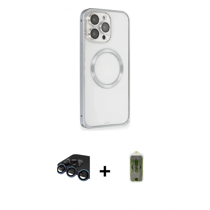 MARSİLYAN™- iPhone 15 Pro Max Kılıf Ahenk Işık Serisi - Siyah Joko Magic 5D Hayalet Cam + Lacivert Raze Metal Kamera Lens
