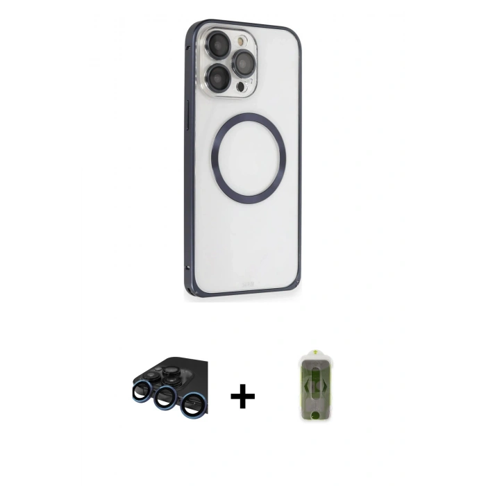 MARSİLYAN™- iPhone 15 Pro Max Kılıf Ahenk Işık Serisi - Siyah Joko Magic 5D Hayalet Cam + Lacivert Raze Metal Kamera Lens