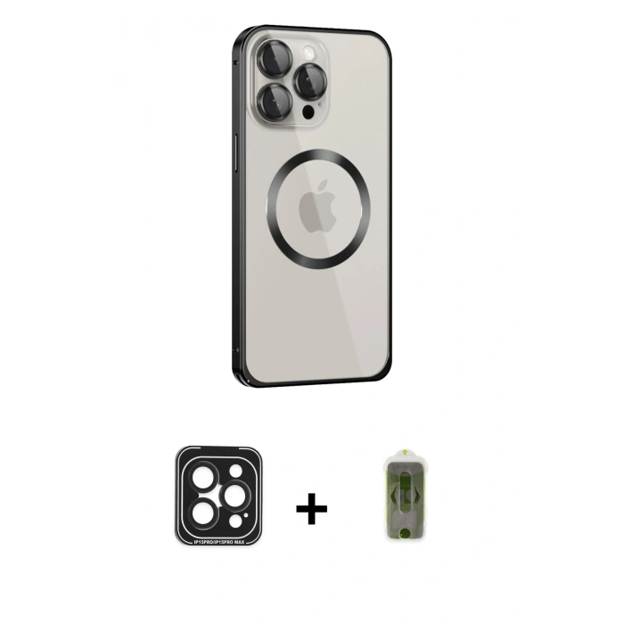 MARSİLYAN™- iPhone 15 Pro Max Kılıf Ahenk Işık Serisi - Siyah Joko Magic 5D Hayalet Cam + PVD Metal Kamera Lens - SH
