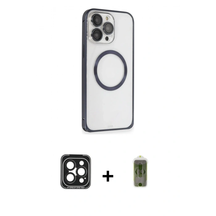 MARSİLYAN™- iPhone 15 Pro Max Kılıf Ahenk Işık Serisi - Siyah Joko Magic 5D Hayalet Cam + PVD Metal Kamera Lens - SH