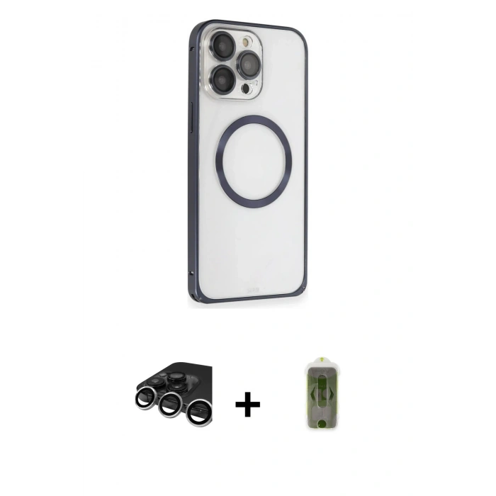 MARSİLYAN™- iPhone 15 Pro Max Kılıf Ahenk Işık Serisi - Siyah Joko Magic 5D Hayalet Cam + Raze Metal Kamera Lens - GS