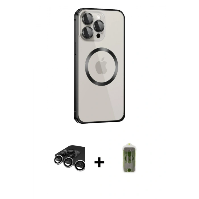 MARSİLYAN™- iPhone 15 Pro Max Kılıf Ahenk Işık Serisi - Siyah Joko Magic 5D Hayalet Cam + Raze Metal Kamera Lens - GS
