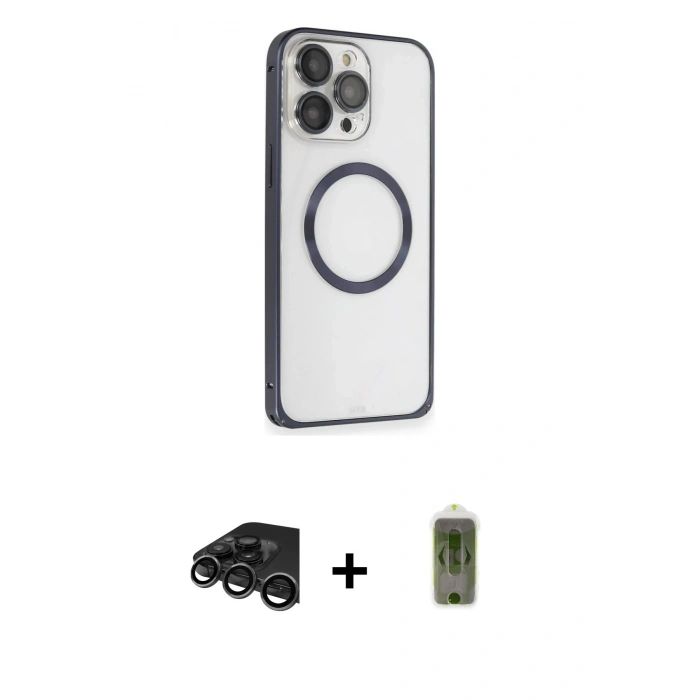 MARSİLYAN™- iPhone 15 Pro Max Kılıf Ahenk Işık Serisi - Siyah Joko Magic 5D Hayalet Cam + Raze Metal Kamera Lens - TMGI