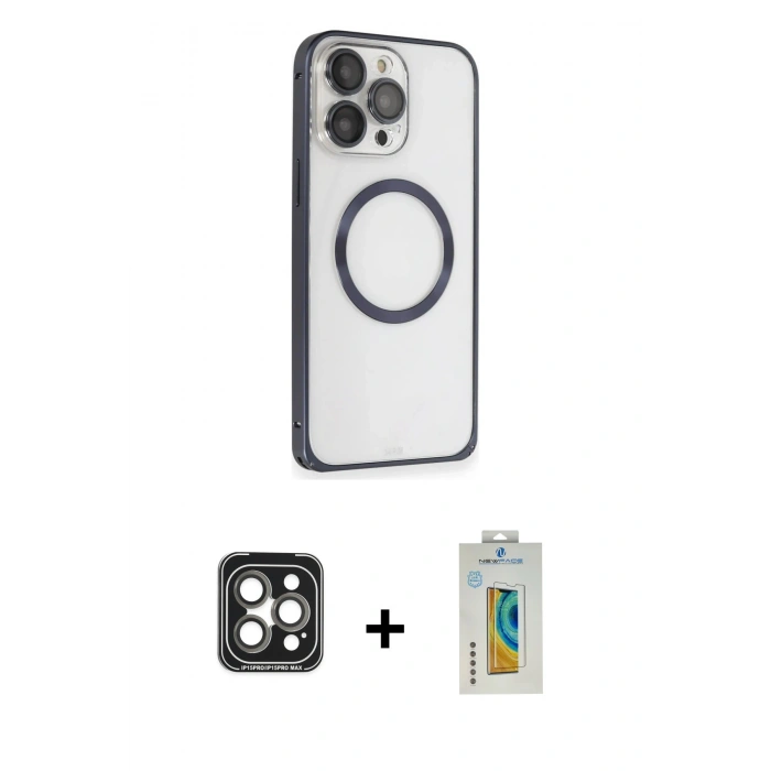 MARSİLYAN™- iPhone 15 Pro Max Kılıf Ahenk Işık Serisi - Siyah Polymer Nano Ekran Koruyucu + PVD Metal Kamera Lens - GI
