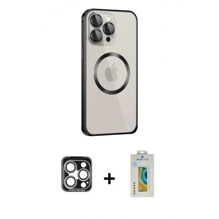 MARSİLYAN™- iPhone 15 Pro Max Kılıf Ahenk Işık Serisi - Siyah Polymer Nano Ekran Koruyucu + PVD Metal Kamera Lens - GS