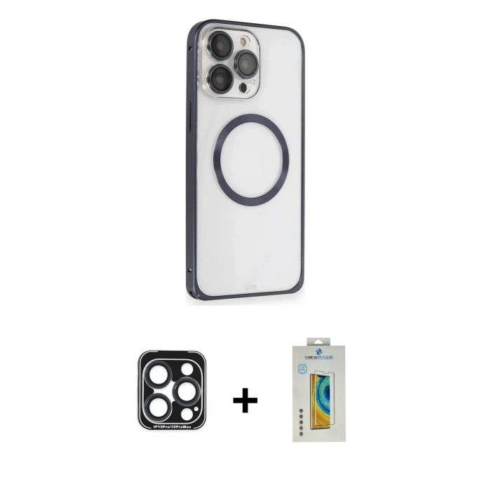 MARSİLYAN™- iPhone 15 Pro Max Kılıf Ahenk Işık Serisi - Siyah Polymer Nano Ekran Koruyucu + PVD Metal Kamera Lens - LT