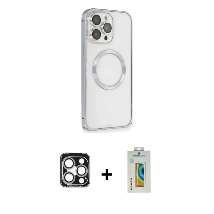 MARSİLYAN™- iPhone 15 Pro Max Kılıf Ahenk Işık Serisi - Siyah Polymer Nano Ekran Koruyucu + PVD Metal Kamera Lens - GS