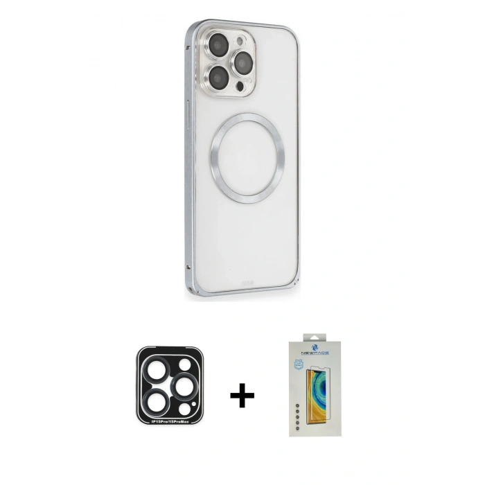 MARSİLYAN™- iPhone 15 Pro Max Kılıf Ahenk Işık Serisi - Siyah Polymer Nano Ekran Koruyucu + PVD Metal Kamera Lens - LT