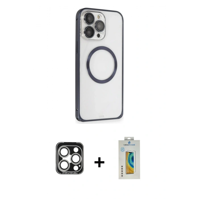 MARSİLYAN™- iPhone 15 Pro Max Kılıf Ahenk Işık Serisi - Siyah Polymer Nano Ekran Koruyucu + PVD Metal Kamera Lens - GS