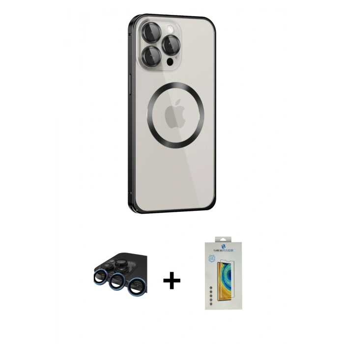 MARSİLYAN™- iPhone 15 Pro Max Kılıf Ahenk Işık Serisi - Siyah Polymer Nano Ekran Koruyucu + Raze Metal Kamera Lens - LT