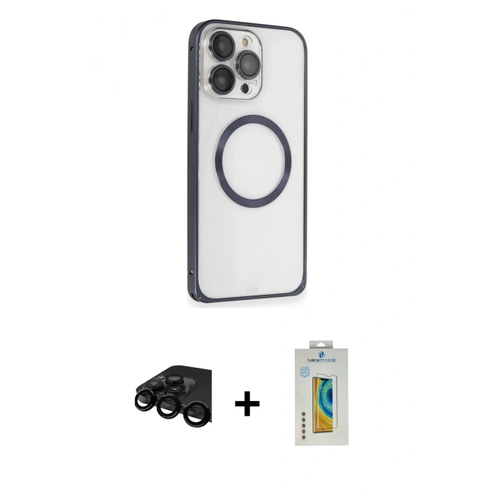 MARSİLYAN™- iPhone 15 Pro Max Kılıf Ahenk Işık Serisi - Siyah Polymer Nano Ekran Koruyucu + Raze Metal Kamera Lens - SH