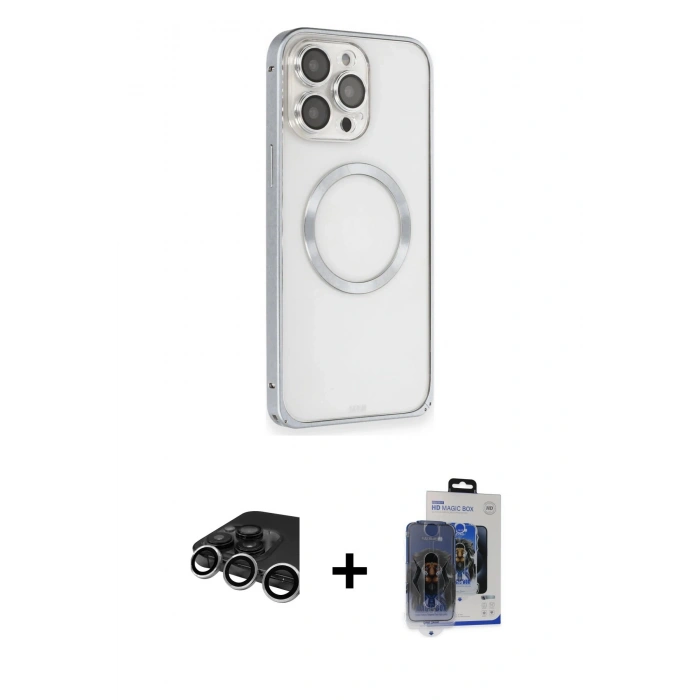 MARSİLYAN™- iPhone 15 Pro Max Kılıf Ahenk Işık Serisi - Siyah Vanessa Magic Cam + Gümüş Raze Metal Kamera Lens