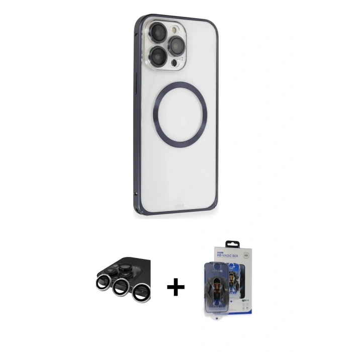 MARSİLYAN™- iPhone 15 Pro Max Kılıf Ahenk Işık Serisi - Siyah Vanessa Magic Cam + Gümüş Raze Metal Kamera Lens