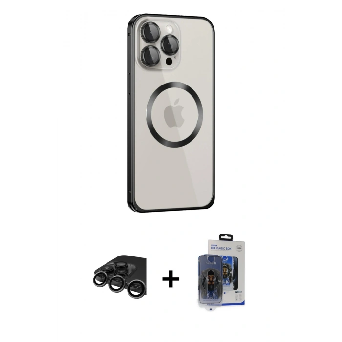 MARSİLYAN™- iPhone 15 Pro Max Kılıf Ahenk Işık Serisi - Siyah Vanessa Magic Cam + Raze Metal Kamera Lens - TMGI