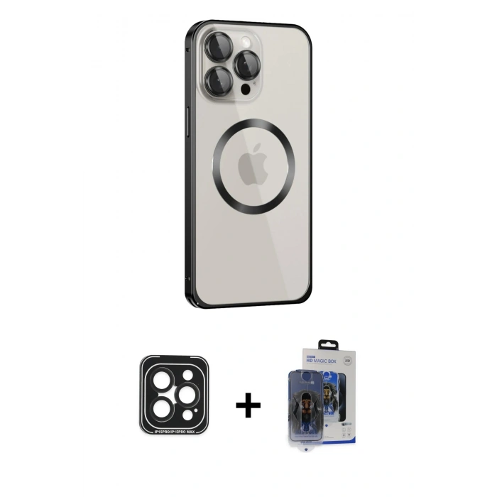 MARSİLYAN™- iPhone 15 Pro Max Kılıf Ahenk Işık Serisi - Siyah Vanessa Magic Cam + Siyah PVD Metal Kamera Lens