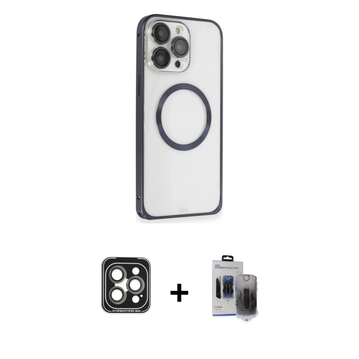 MARSİLYAN™- iPhone 15 Pro Max Kılıf Ahenk Işık Serisi - Siyah Vanessa Magic Hayalet Cam + PVD Metal Kamera Lens - GI