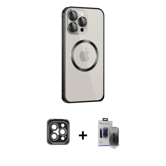 MARSİLYAN™- iPhone 15 Pro Max Kılıf Ahenk Işık Serisi - Siyah Vanessa Magic Hayalet Cam + PVD Metal Kamera Lens - GI