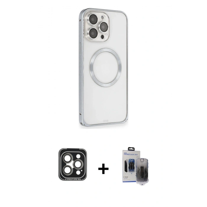 MARSİLYAN™- iPhone 15 Pro Max Kılıf Ahenk Işık Serisi - Siyah Vanessa Magic Hayalet Cam + PVD Metal Kamera Lens - GI