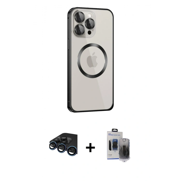 MARSİLYAN™- iPhone 15 Pro Max Kılıf Ahenk Işık Serisi - Siyah Vanessa Magic Hayalet Cam + Lacivert Raze Metal Kamera Lens