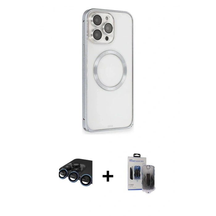MARSİLYAN™- iPhone 15 Pro Max Kılıf Ahenk Işık Serisi - Siyah Vanessa Magic Hayalet Cam + Lacivert Raze Metal Kamera Lens