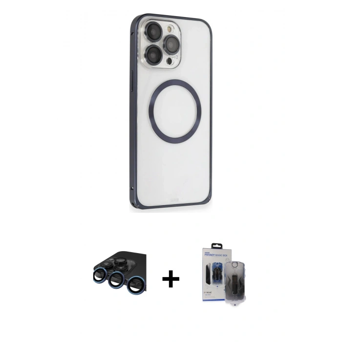 MARSİLYAN™- iPhone 15 Pro Max Kılıf Ahenk Işık Serisi - Siyah Vanessa Magic Hayalet Cam + Lacivert Raze Metal Kamera Lens