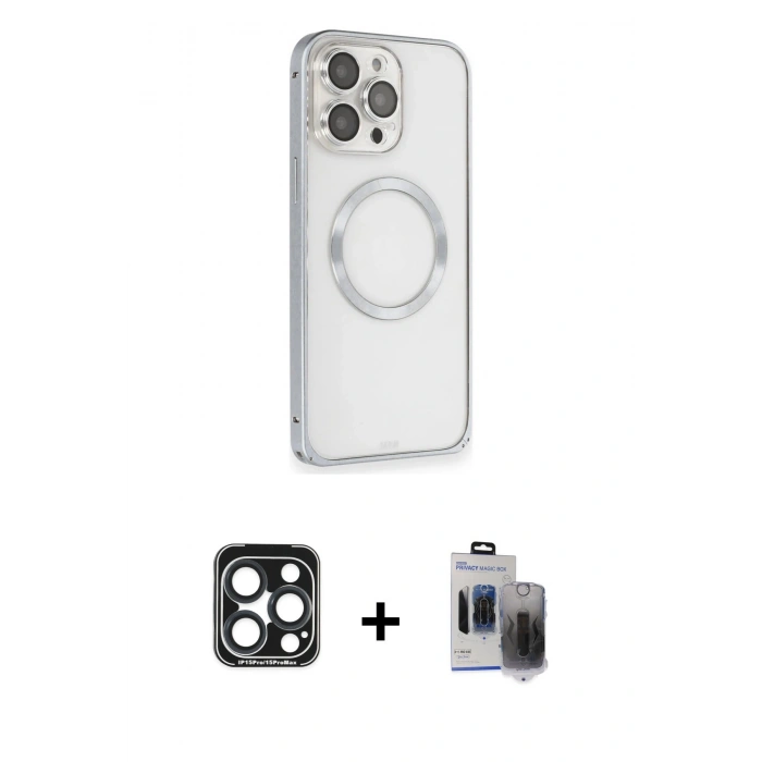 MARSİLYAN™- iPhone 15 Pro Max Kılıf Ahenk Işık Serisi - Siyah Vanessa Magic Hayalet Cam + PVD Metal Kamera Lens - LT