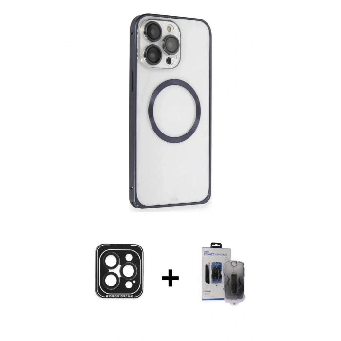 MARSİLYAN™- iPhone 15 Pro Max Kılıf Ahenk Işık Serisi - Siyah Vanessa Magic Hayalet Cam + PVD Metal Kamera Lens - SH