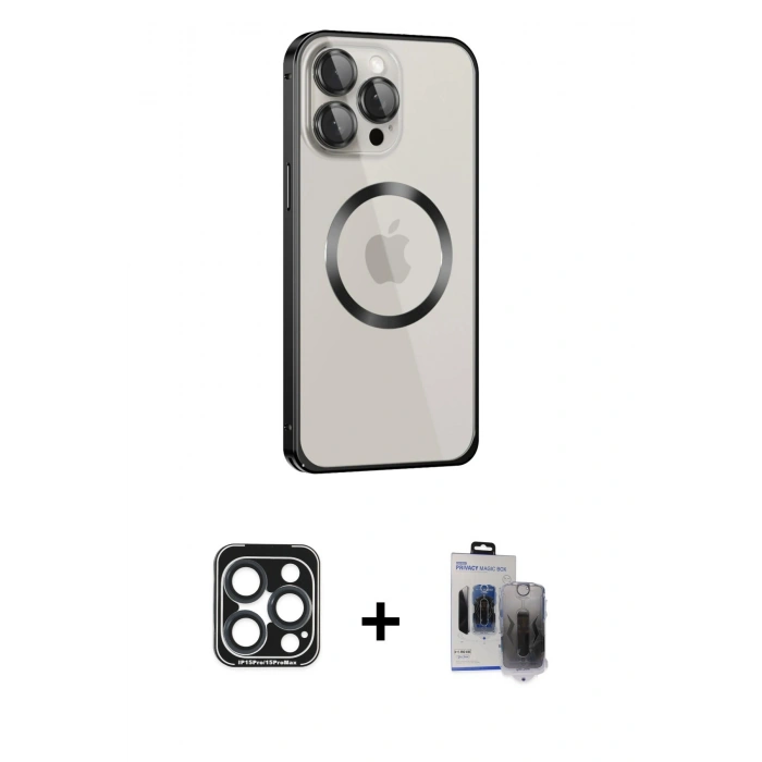 MARSİLYAN™- iPhone 15 Pro Max Kılıf Ahenk Işık Serisi - Siyah Vanessa Magic Hayalet Cam + PVD Metal Kamera Lens - LT
